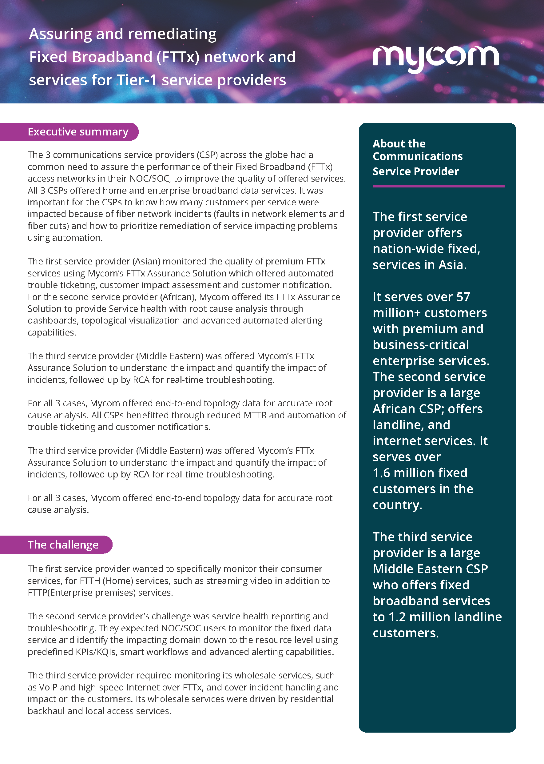 Case Study | 3 CSPs- Fixed Broadband (FTTx) Assurance Solution - Mycom
