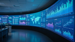 Telecom network operations center with large performance-monitoring dashboards