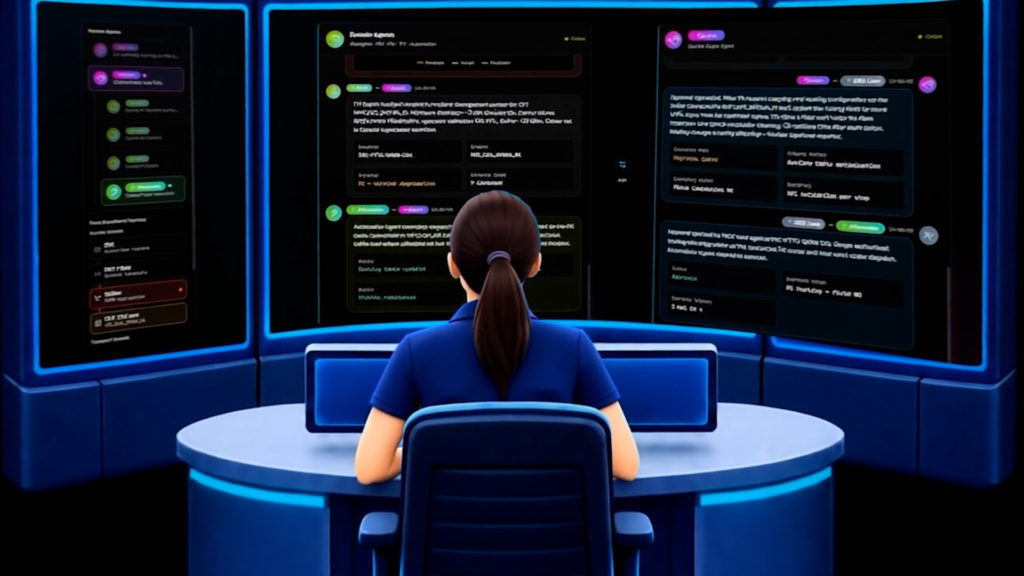 Illustration of a network operations engineer monitoring multiple dashboards in a blue-lit control room.