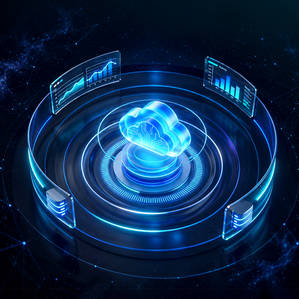 Glowing blue cloud with circuit patterns, surrounded by circular rings, analytics dashboards and server icons against a dark network background.
